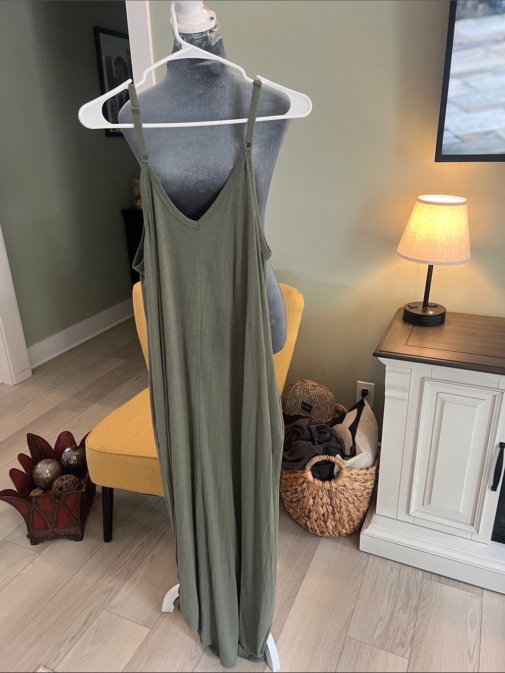 Zenana Outfitters Olive Green V‑Neck Maxi Slip Dress with Spaghetti Straps - Picture 3 of 7
